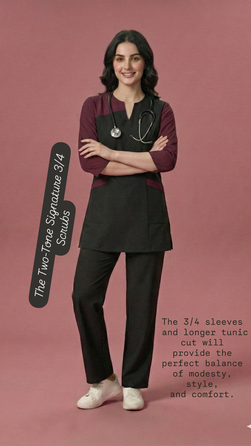 Woman wearing a two-tone scrub set with text on a pink background
