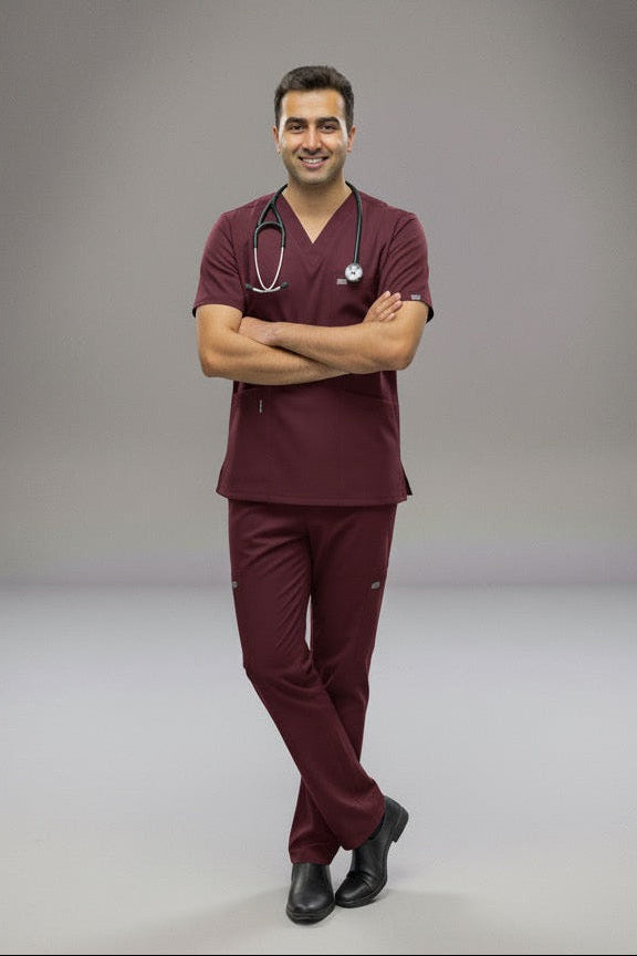 Person wearing maroon medical scrubs with a stethoscope in a studio setting