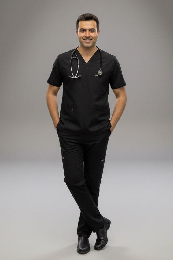 Man in black medical scrubs standing in a studio with lighting equipment.