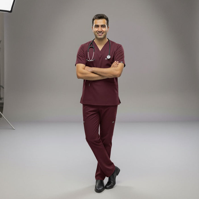 The 'Zipper-Tech' V-Neck Scrubs in Dark Maroon