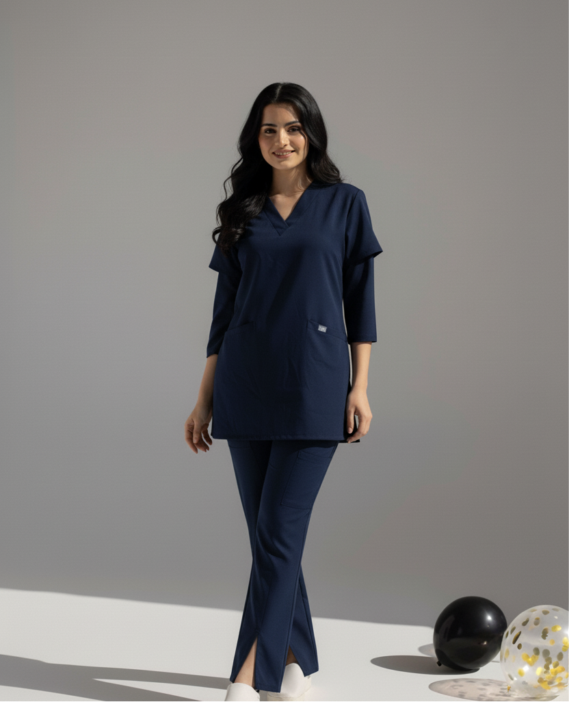 Woman wearing a navy blue outfit with a plain background