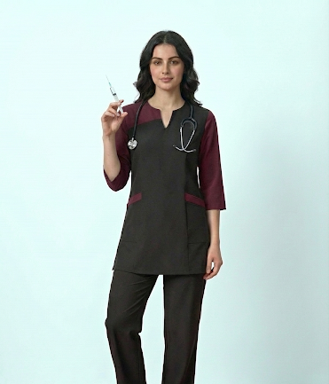 Person wearing a dark brown medical scrub set with a stethoscope on a light blue background