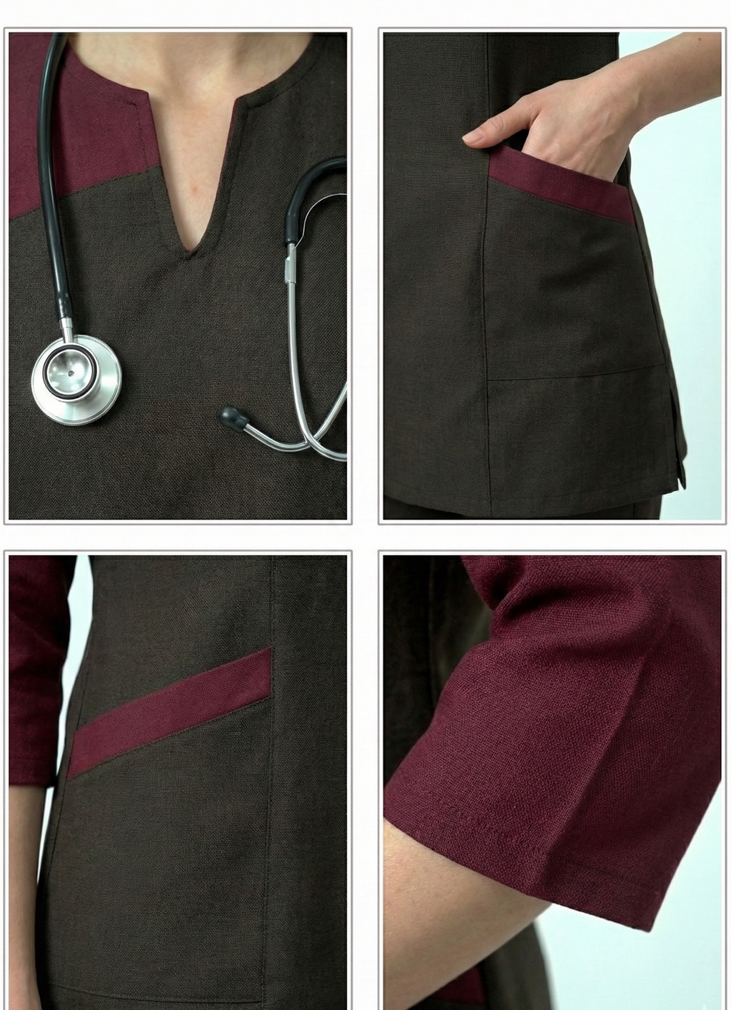 Collage of a dark brown scrub top with maroon accents, stethoscope, and pocket details.