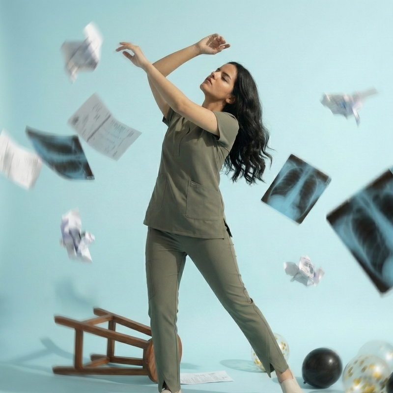 Woman in green outfit standing with arms outstretched against a light blue background with floating objects.