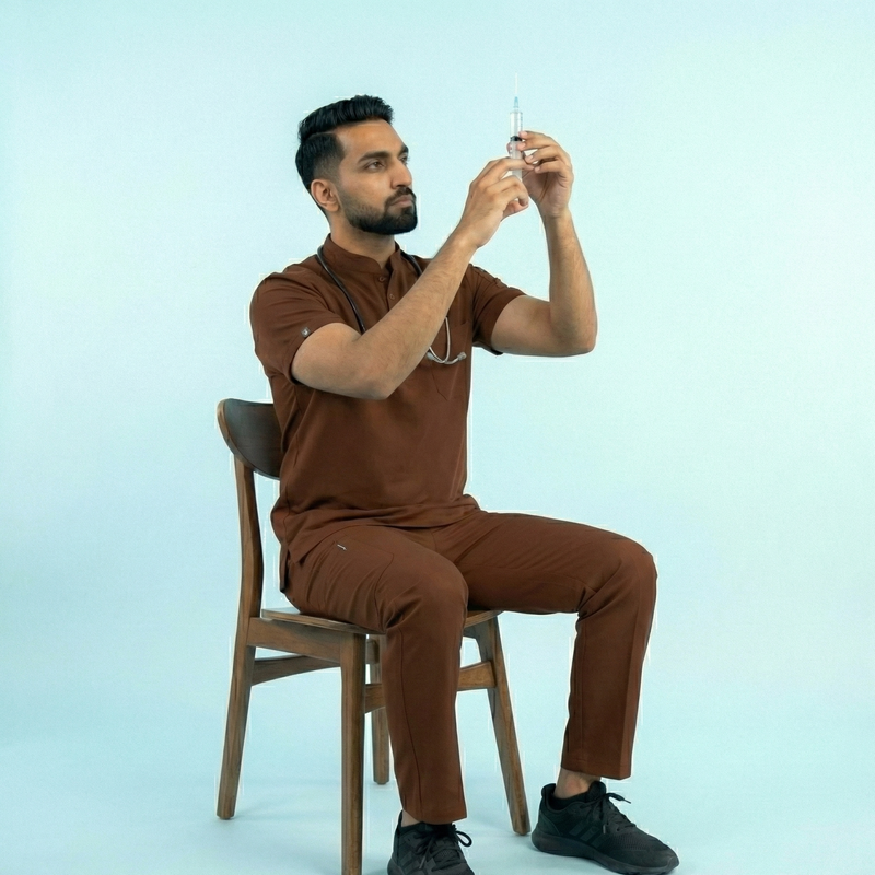Man in brown outfit sitting on a chair holding a small object against a light blue background