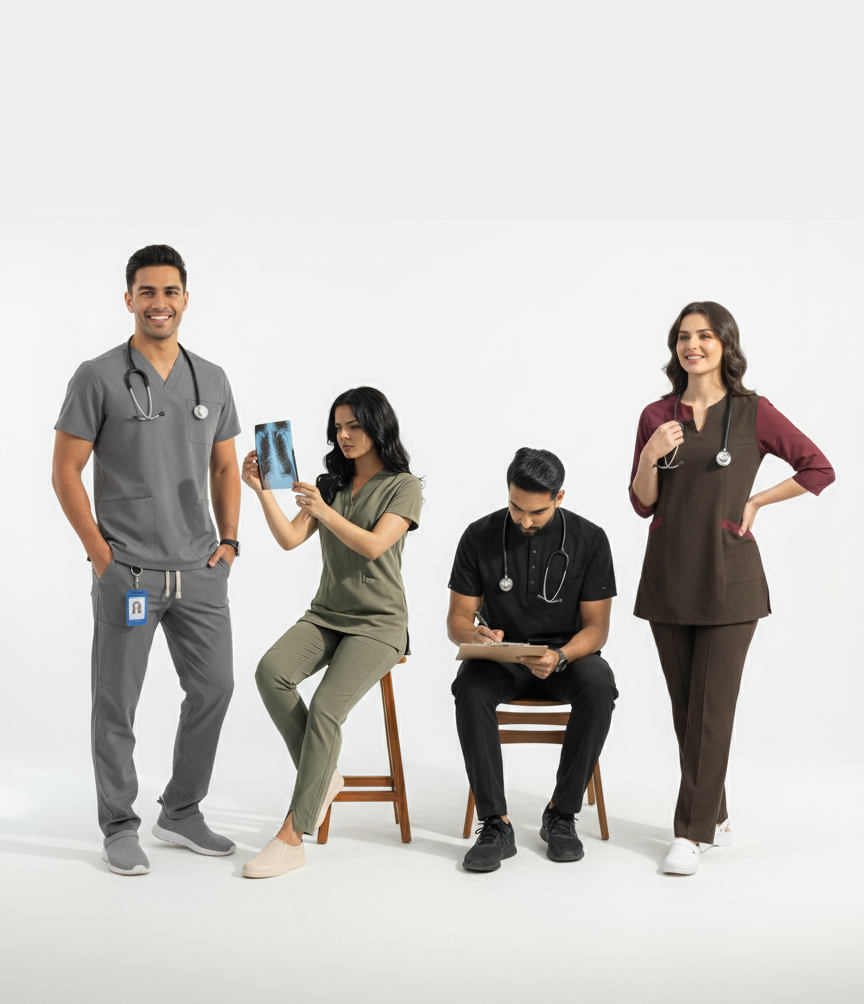 Four individuals in medical scrubs posing against a white background