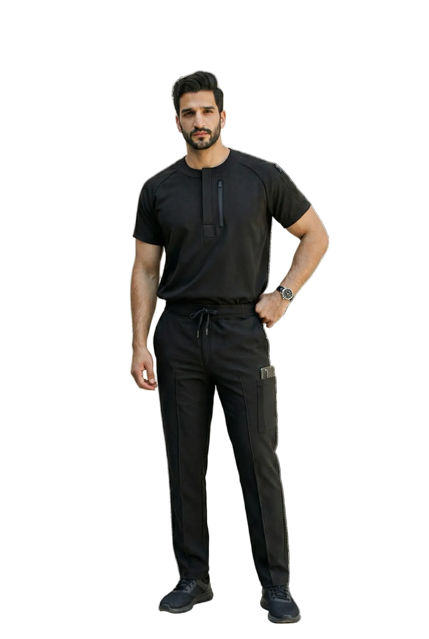 Man wearing a black outfit on a white background