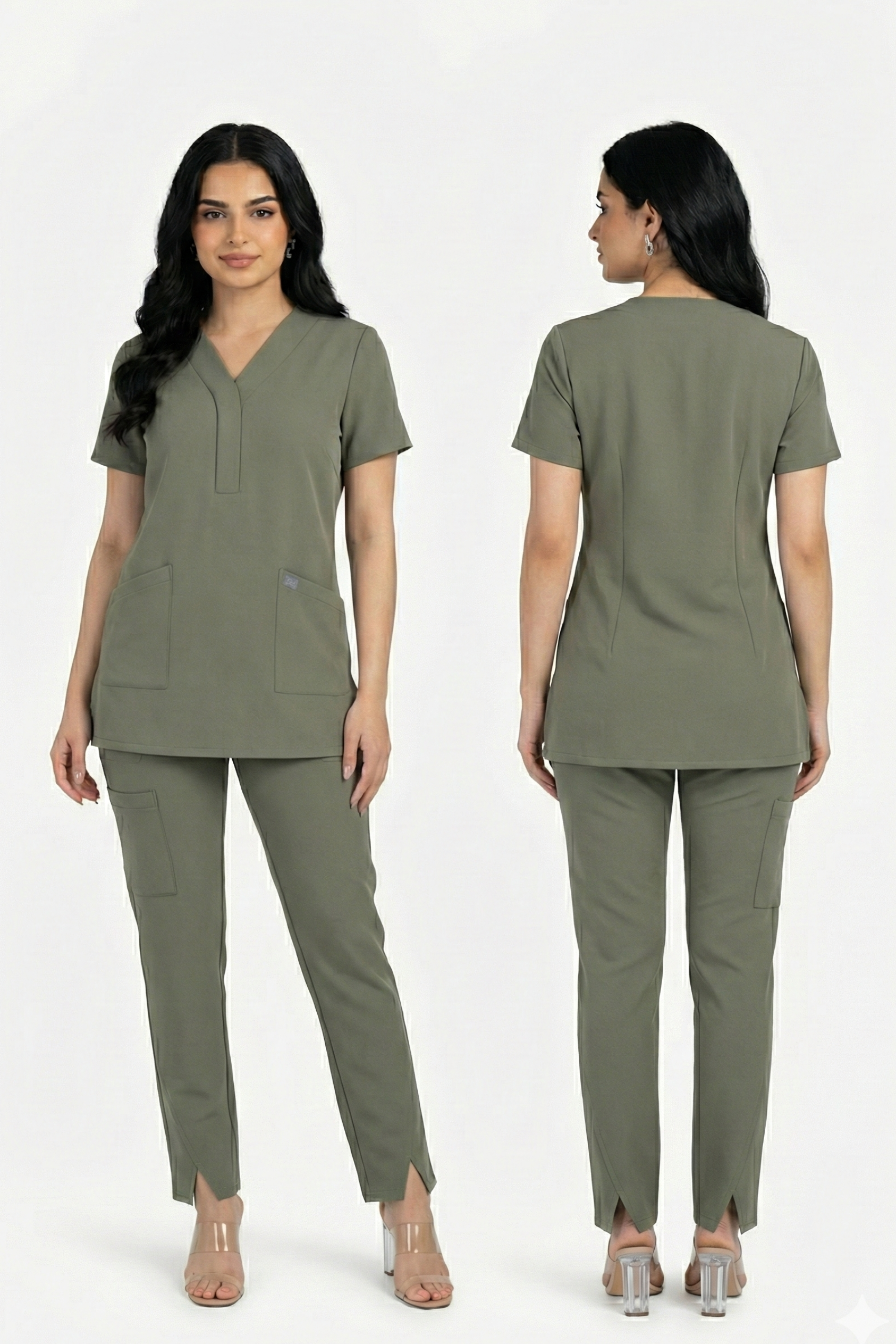 Green scrub set worn by a model on a white background