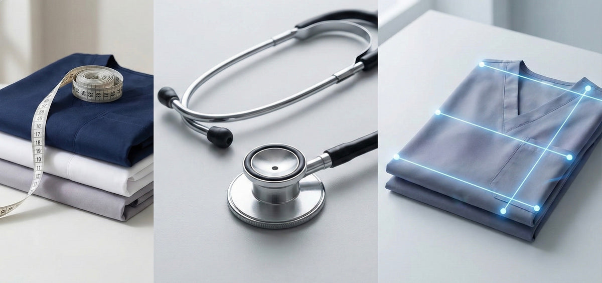 Stethoscope on a white surface with folded clothes and measuring tape in the background.