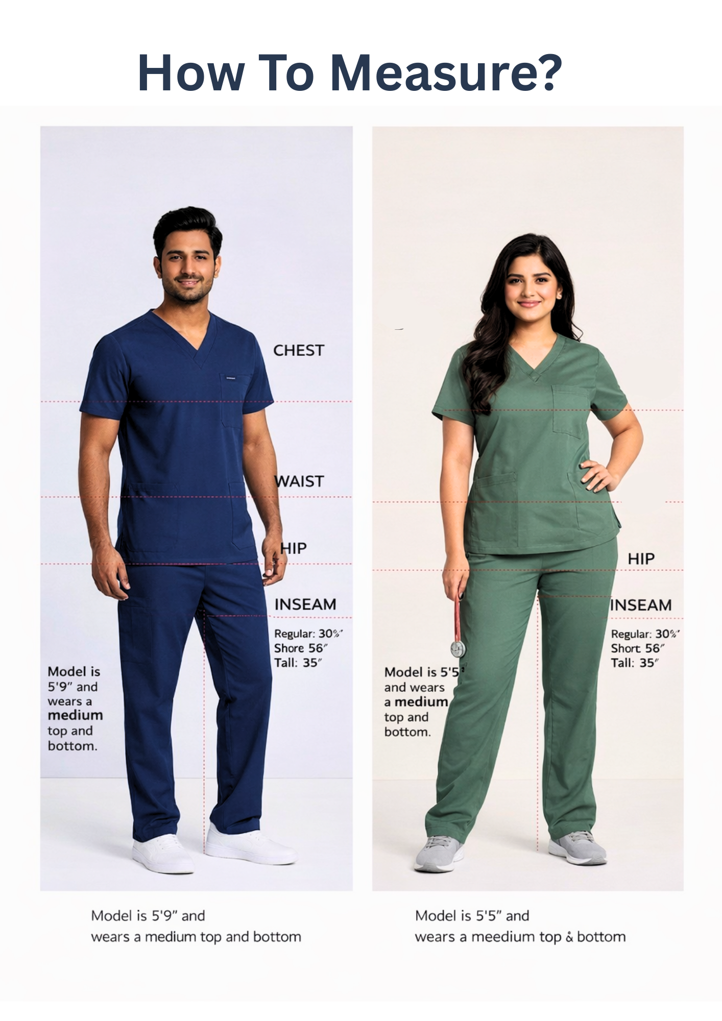 Measurement guide for medical scrubs with two models wearing different colors.