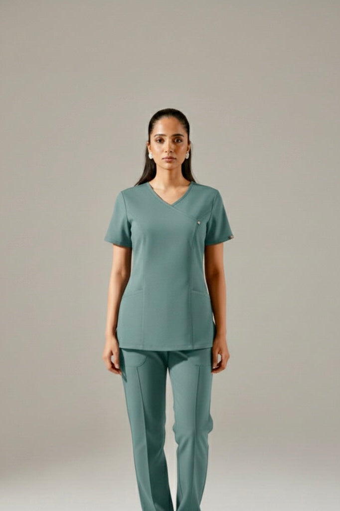 Person wearing a teal medical scrub set against a plain background