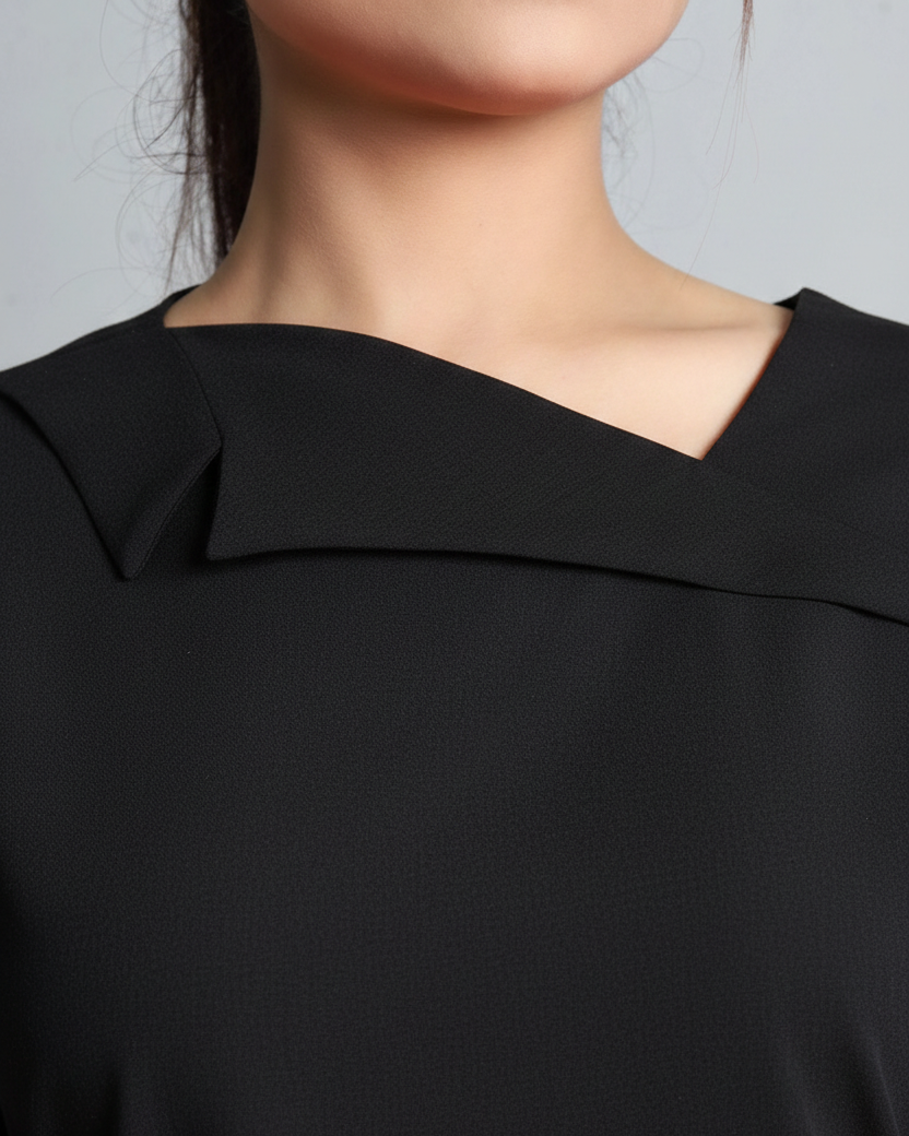 Black top worn by a person on a gray background