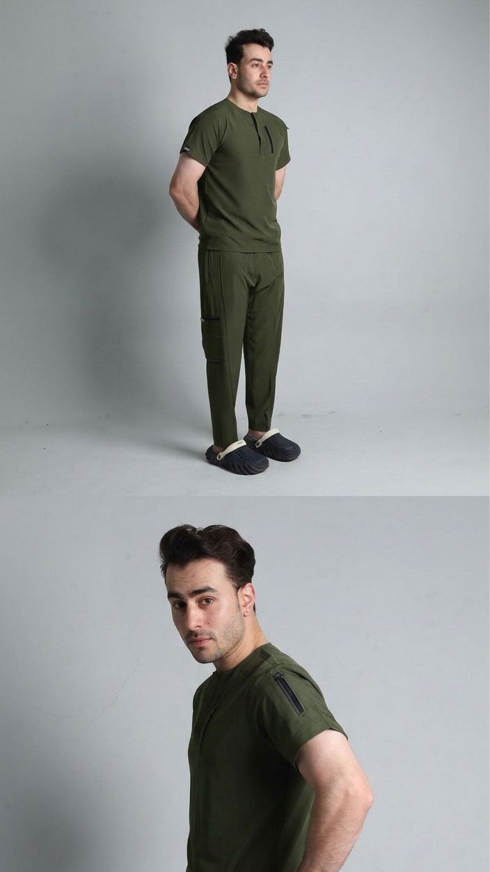 Man wearing a green outfit posing against a gray background