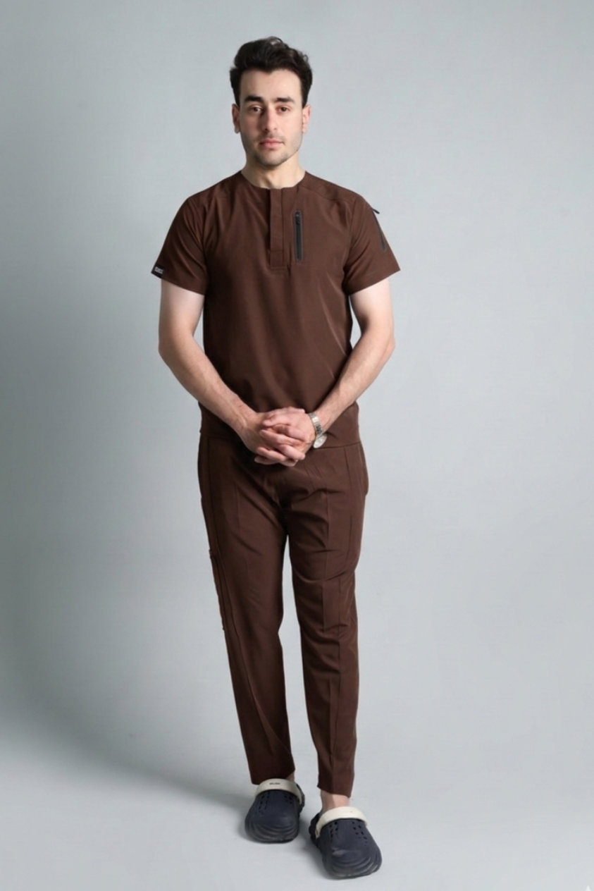 Man wearing a brown outfit on a gray background