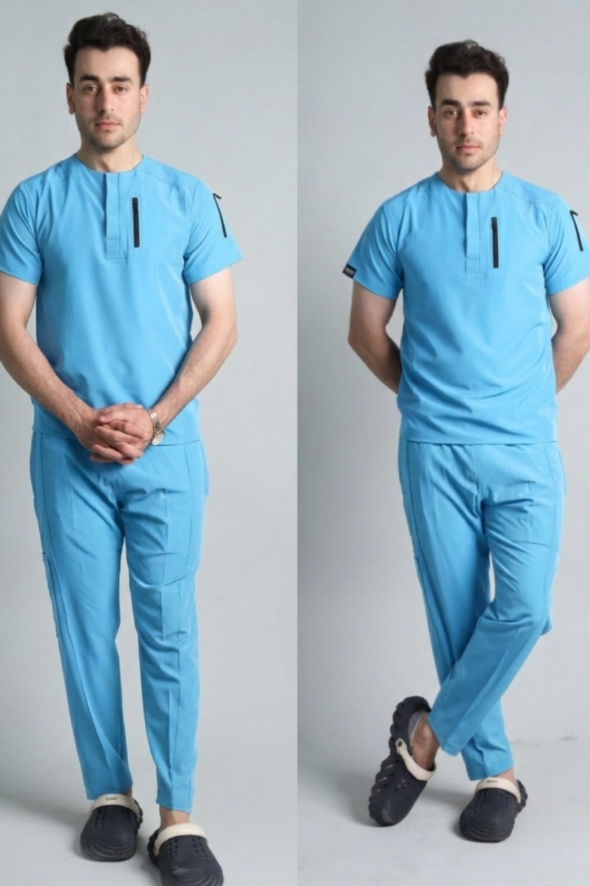Two images of a person wearing a sky blue outfit on a gray background
