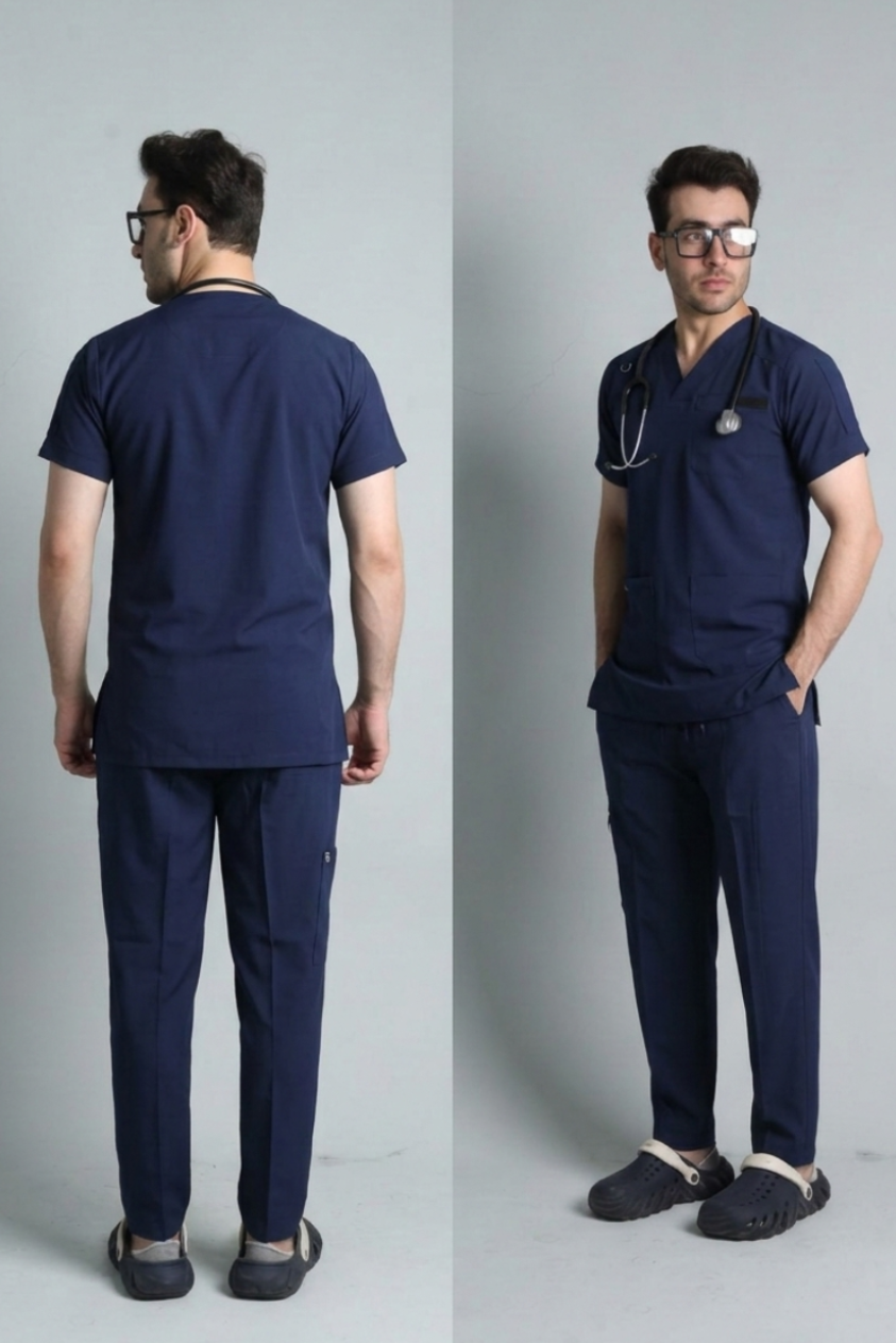 Person wearing navy blue medical scrubs from front and back views on a gray background