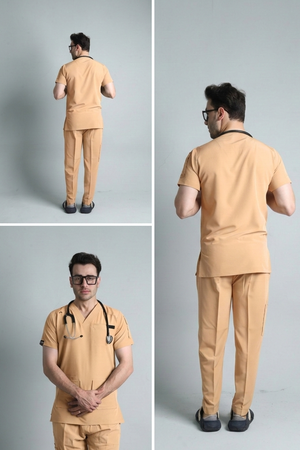 Man modeling beige medical scrubs from multiple angles on a gray background
