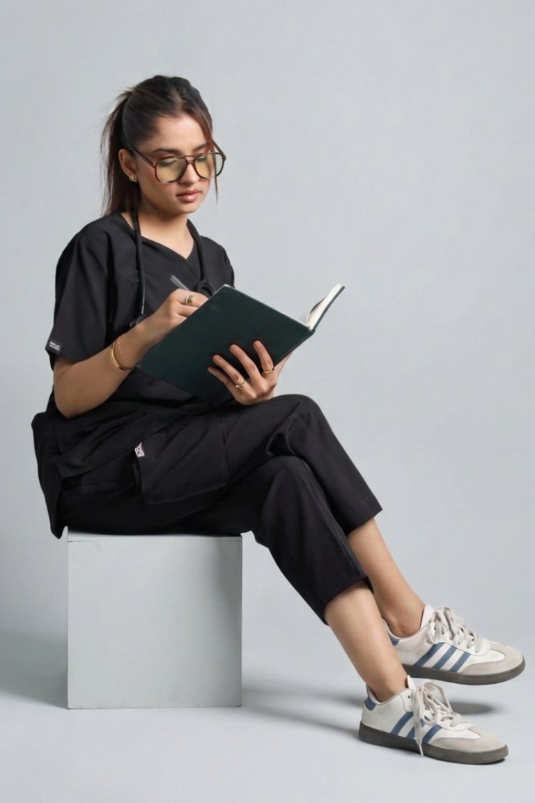 Person sitting on a stool holding a book against a plain background