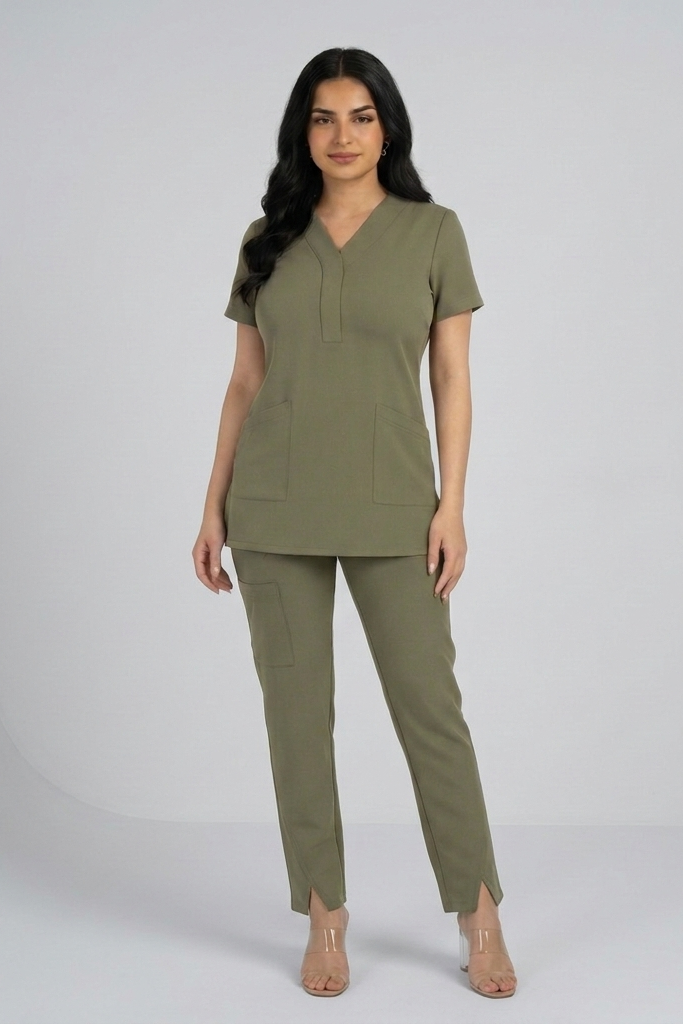 Woman wearing a green outfit on a plain background