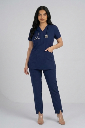 Woman wearing a navy blue scrub set with a stethoscope on a light gray background