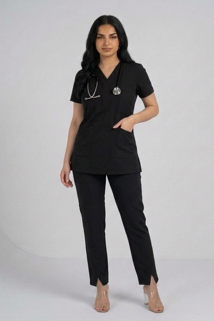 Person wearing a black scrub set with a stethoscope on a white background