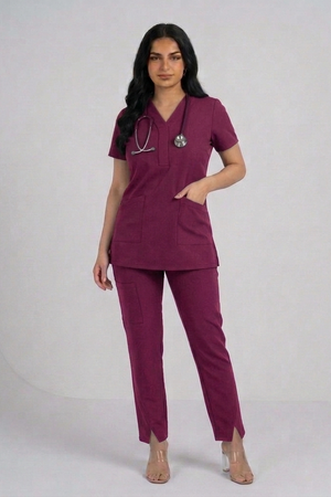 Woman wearing a maroon scrub set with a stethoscope on a white background