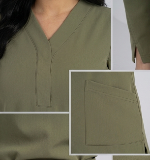 Collage of a green outfit with close-up details on a light gray background
