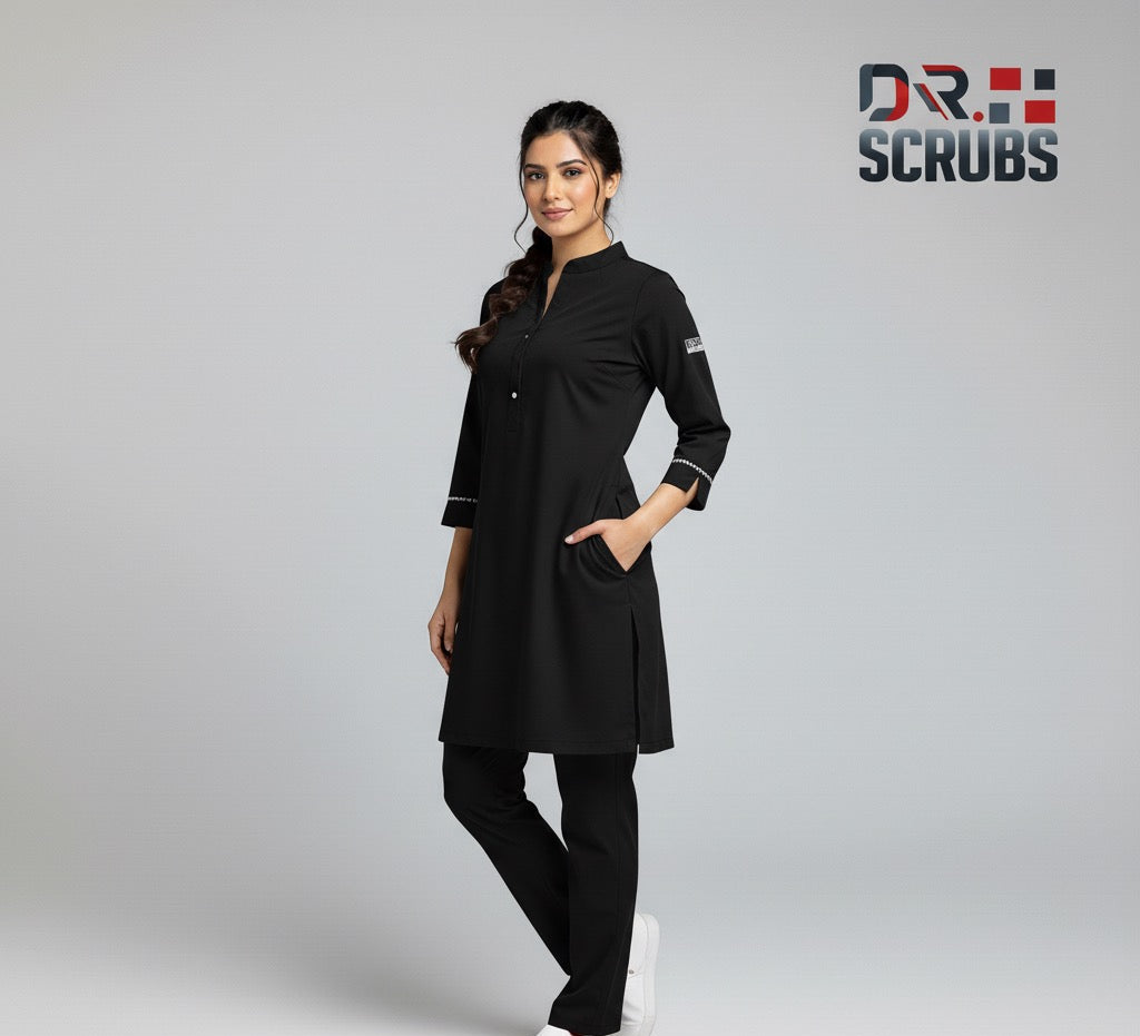 Woman wearing a black scrub set with 'DR. SCRUBS' logo on a gray background