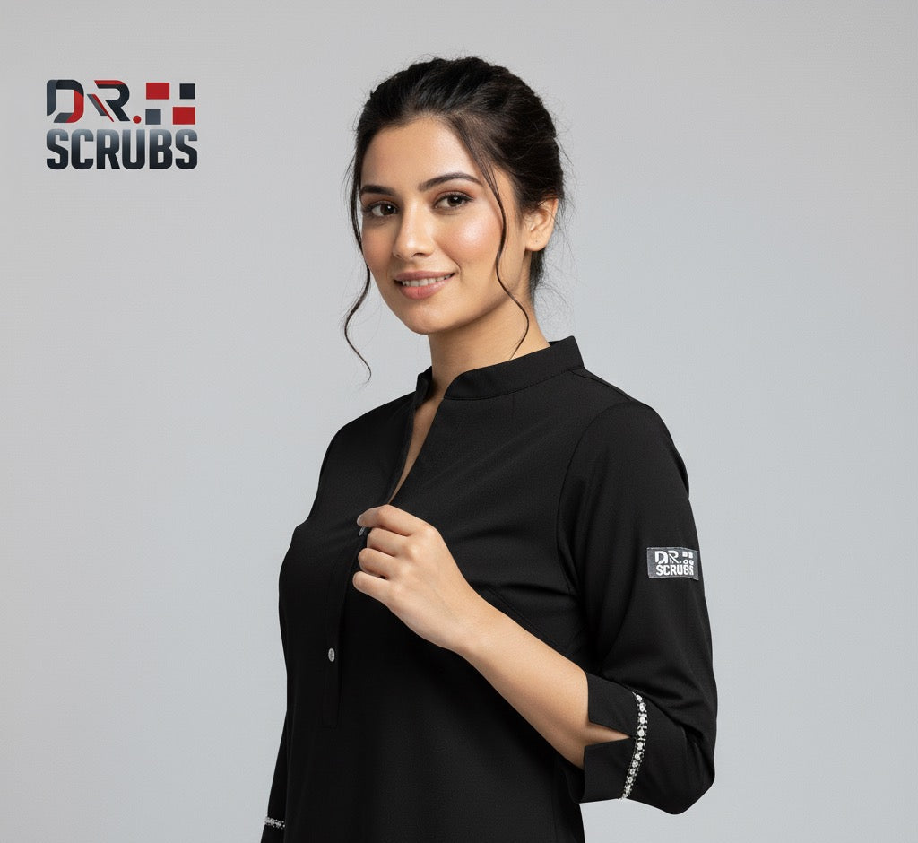 Woman wearing a black scrub top with DR. SCRUBS branding on a gray background