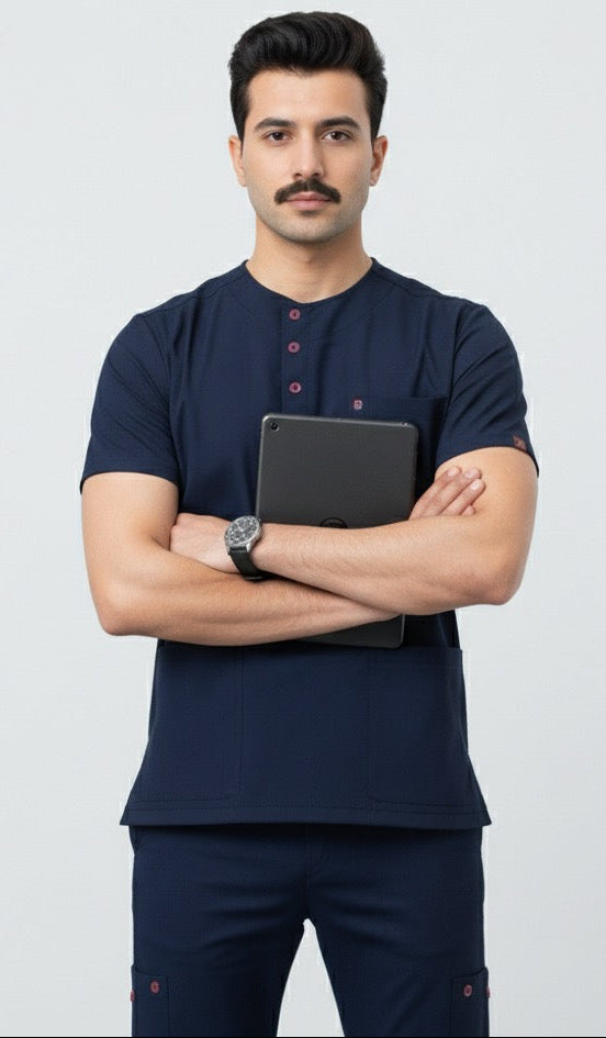 Man wearing navy blue scrubs holding a tablet with 'DR. SCRUBS' logo on a light gray background