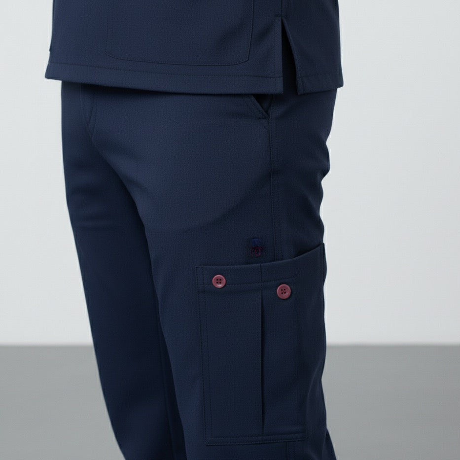 Navy blue pants with red buttons on a white background