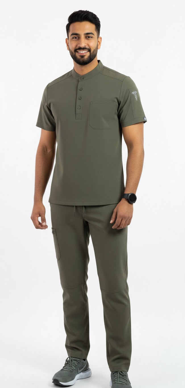 Man wearing a green scrub on a white background