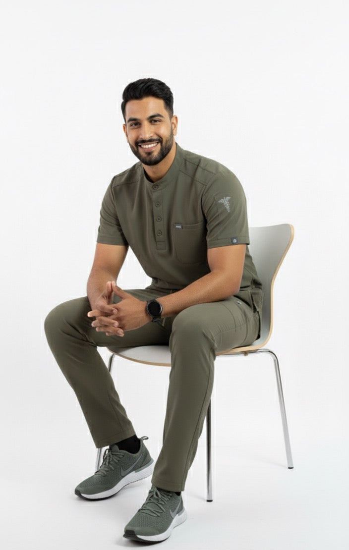 Man sitting on a chair wearing a green athletic scrub with a white background