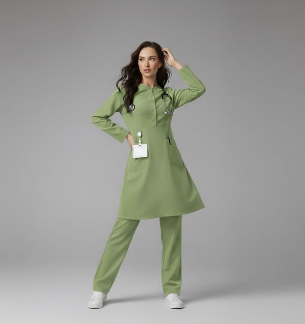 Woman wearing a green medical uniform on a gray background
