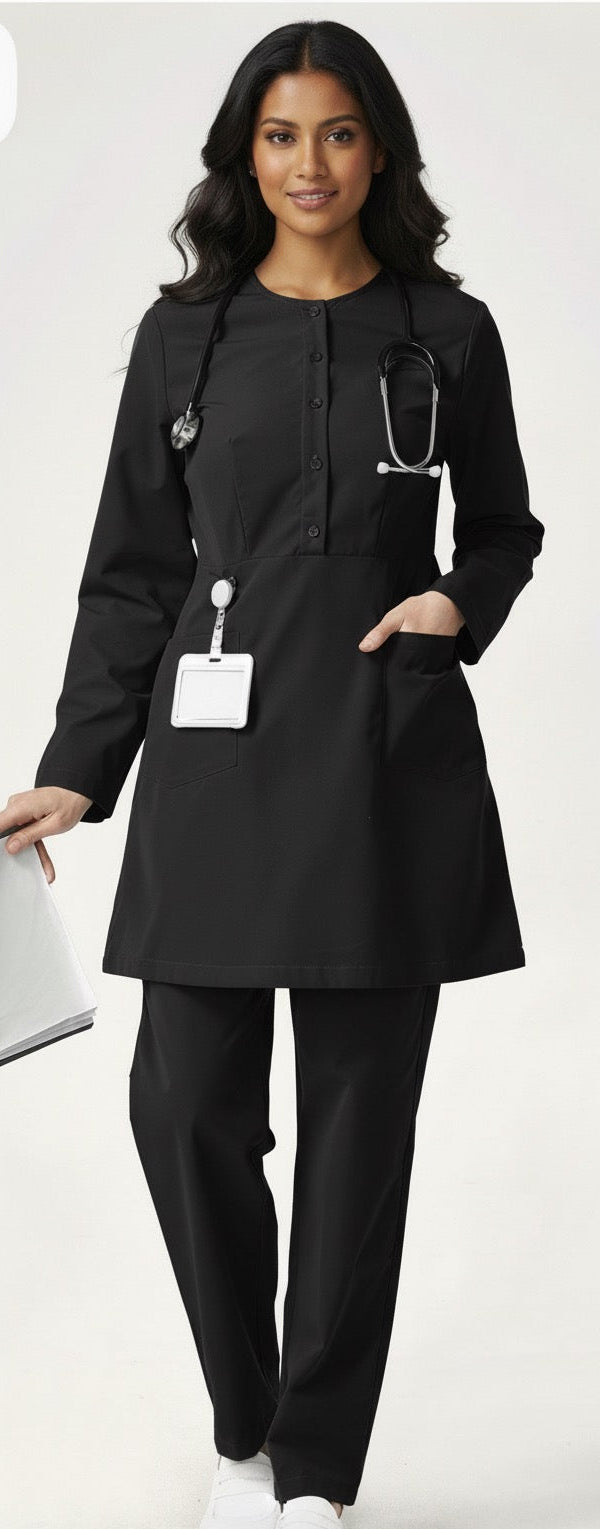 Person wearing a black medical uniform with a stethoscope on a white background