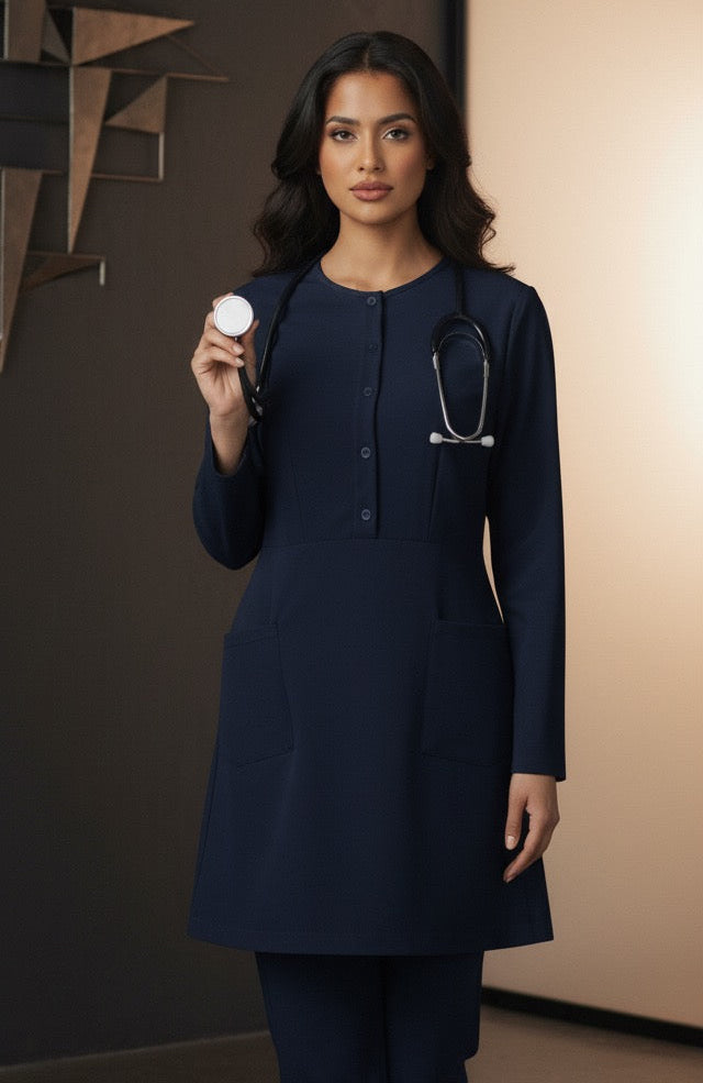 Woman in a dark blue medical outfit holding a white object in a room with a dark wall and light-colored floor.