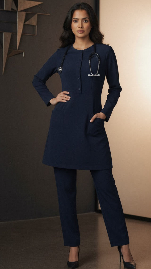 Woman in a navy blue medical outfit standing against a dark background