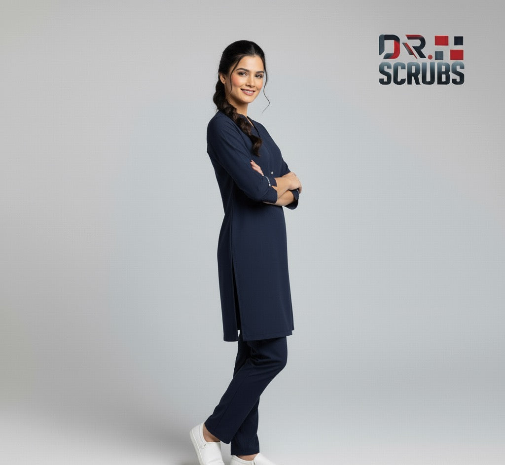 Woman wearing navy blue scrubs with 'DR. SCRUBS' logo on a gray background