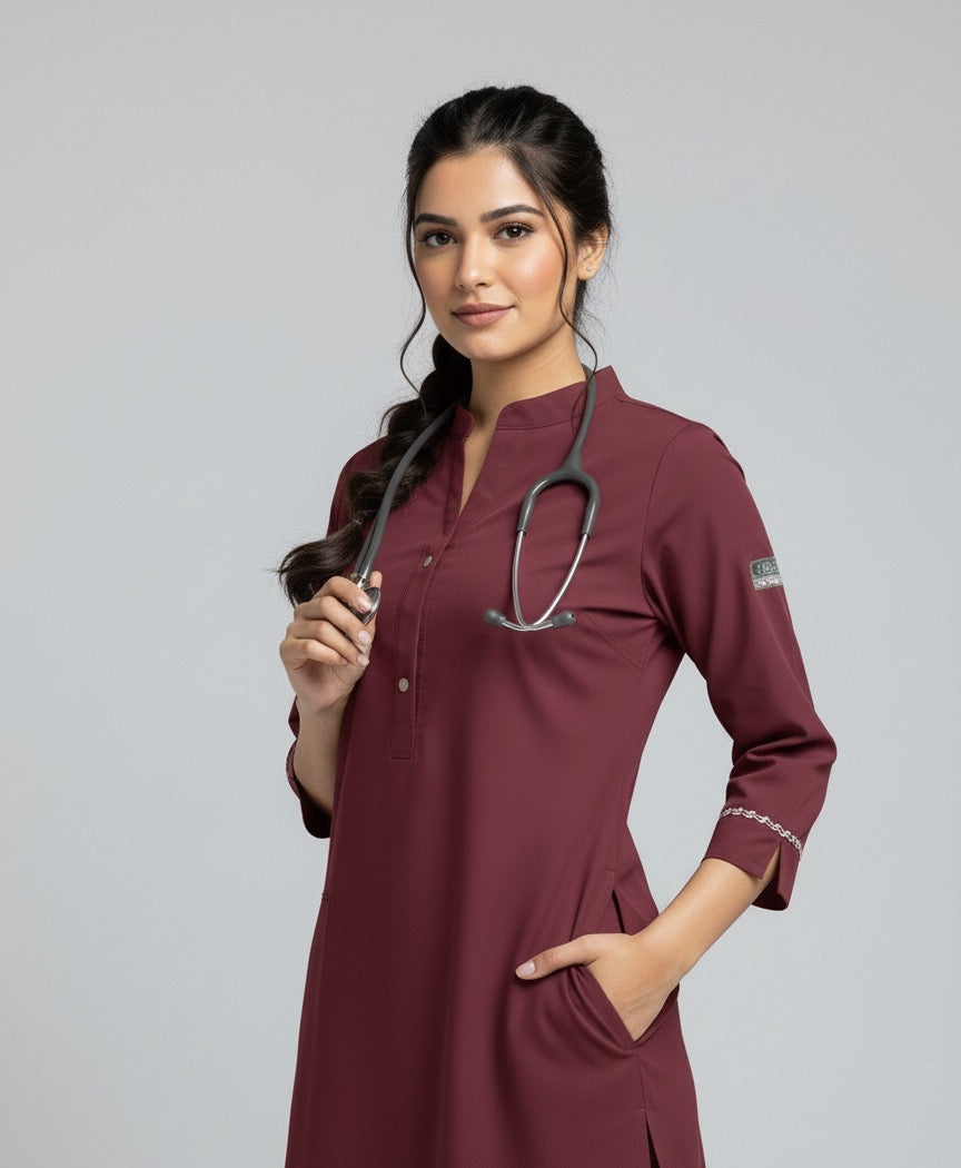 Woman wearing a maroon medical uniform with a stethoscope on a gray background