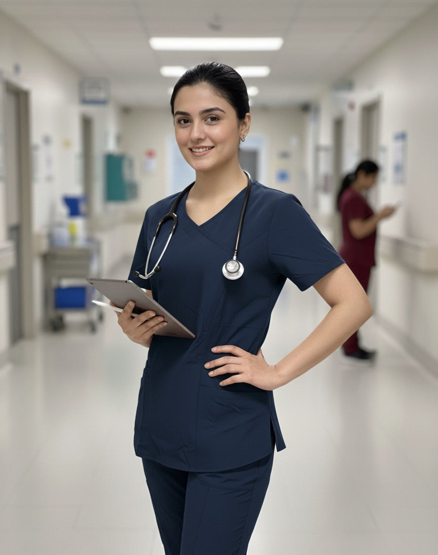 Nurse in a hospital corridor holding a tablet computer