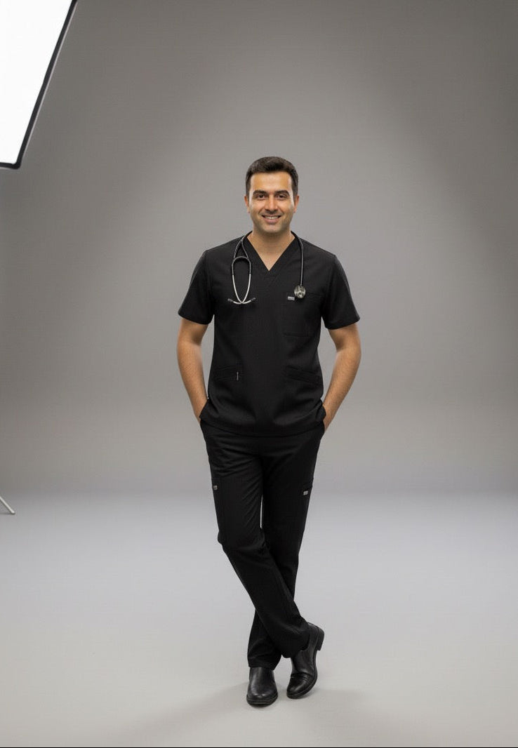 Man in black medical scrubs standing in a studio with lighting equipment.
