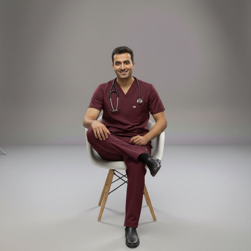 Man in medical scrubs sitting on a chair against a gray background