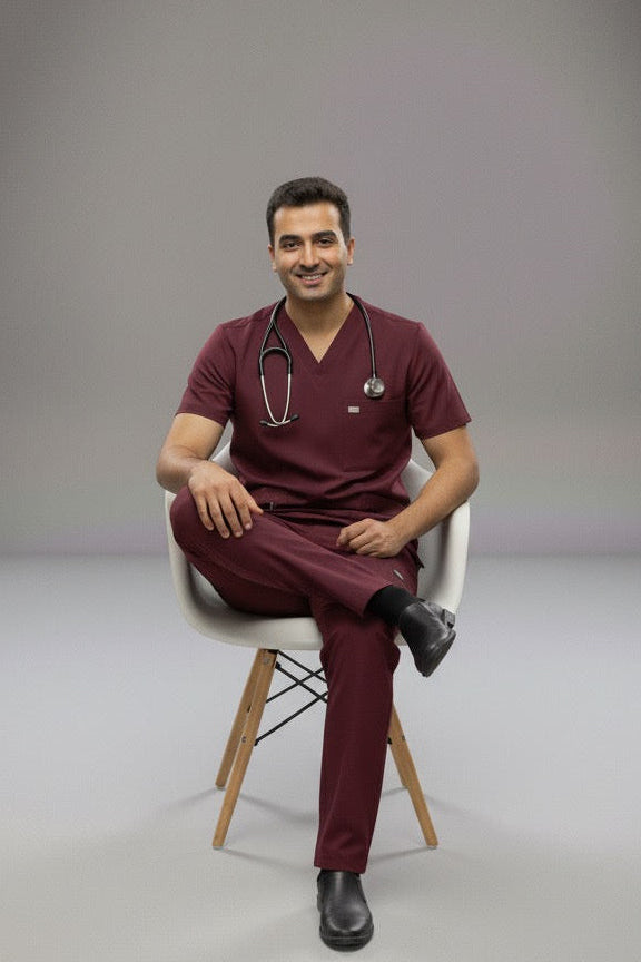 Man in medical scrubs sitting on a chair against a gray background