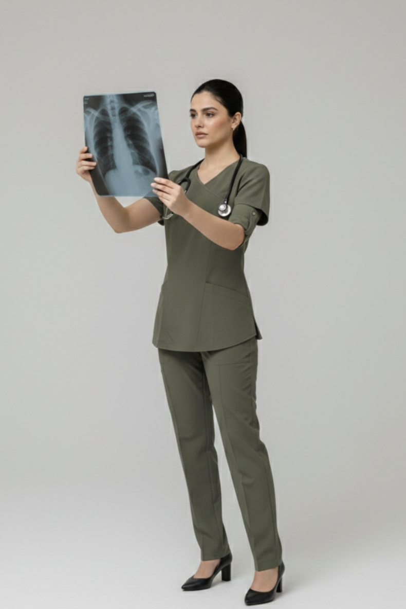 Person in green medical scrubs holding an X-ray on a plain background