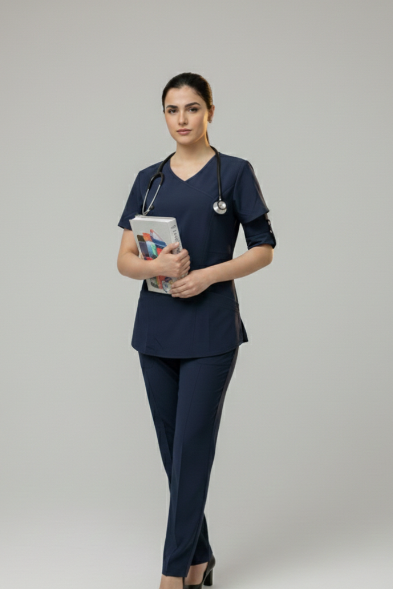 Person wearing navy blue medical scrubs holding a tablet on a gray background