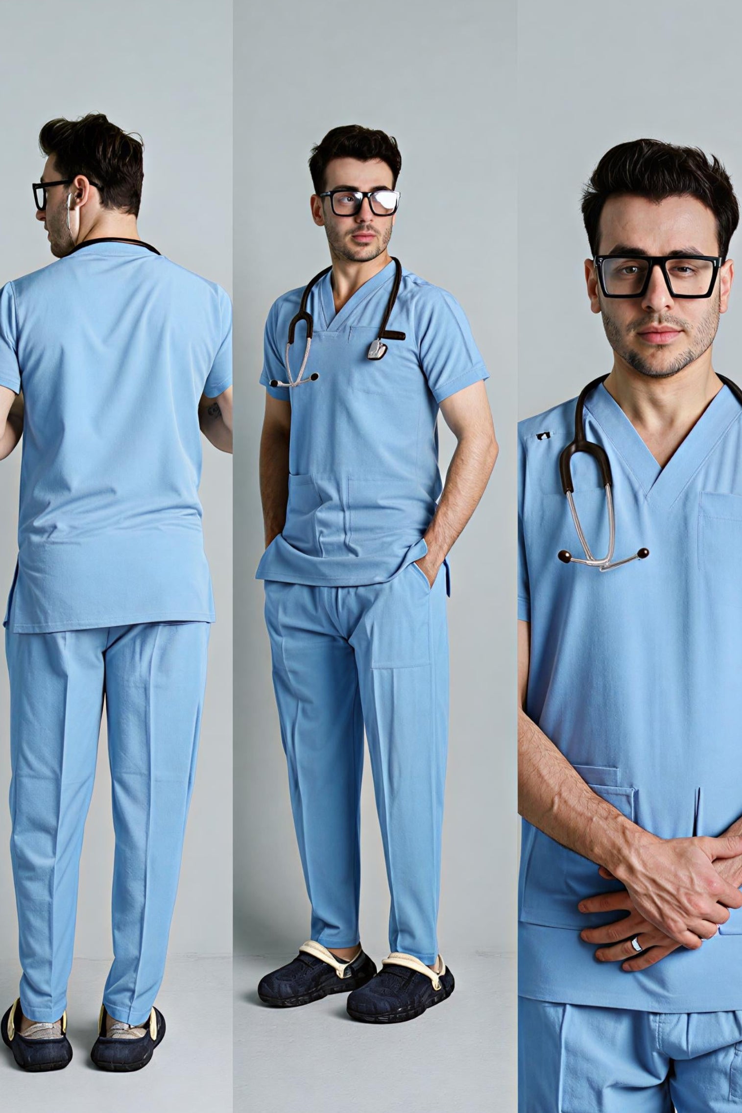 Man modeling sky blue medical scrubs from different angles on a gray background