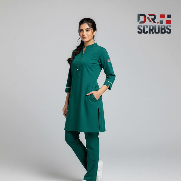 Woman wearing a green scrub set with 'DR. SCRUBS' logo on a gray background