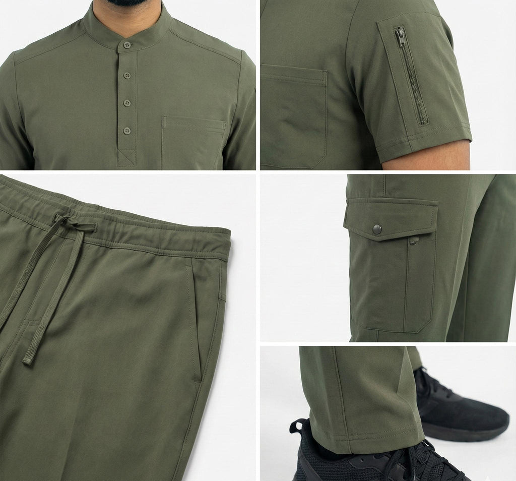 Collage of green shirt and pants with various details on a white background