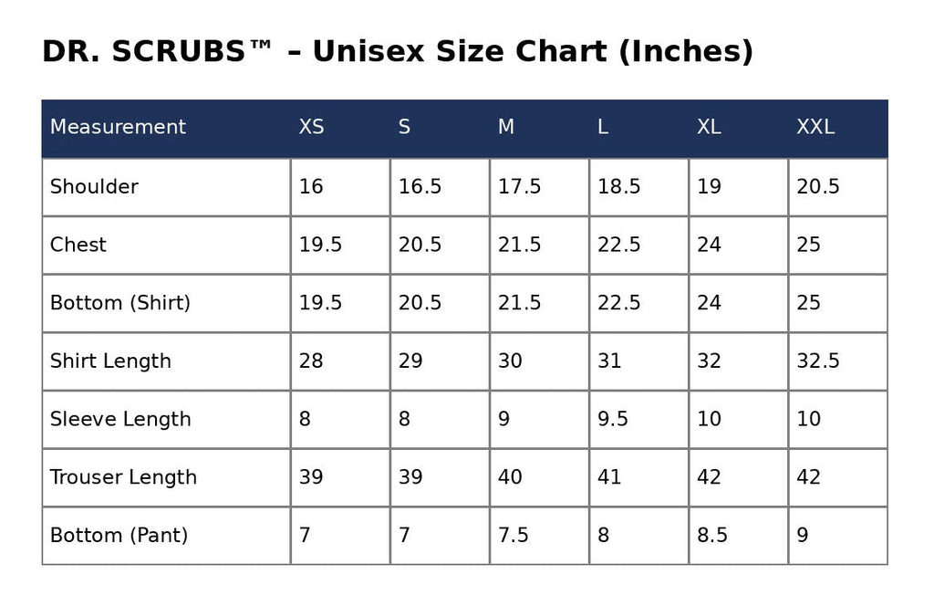 A size chart table for DR. SCRUBS unisex sizing in inches, showing measurements from XS to XXL for shoulder, chest, bottom (shirt), shirt length, sleeve length, trouser length, and bottom (pant) across a white background with a dark blue header.