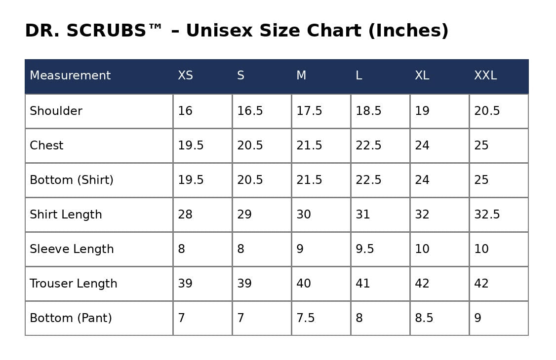 A size chart table for DR. SCRUBS unisex sizing in inches, showing measurements from XS to XXL for shoulder, chest, bottom (shirt), shirt length, sleeve length, trouser length, and bottom (pant) across a white background with a dark blue header.